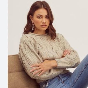 Astr Open-Knit Crew Neck Sweater in Light Beige